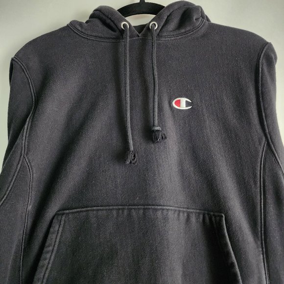 Champion Reverse Weave Embroidered Logo Mens Small Long Sleeve Black Hoodie - Picture 3 of 10